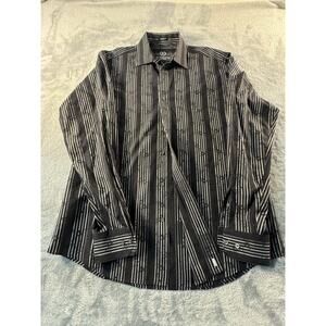 Bugatchi Uomo Classic Fit Striped Dress Shirt Black Gray White Lg Long Sleeve